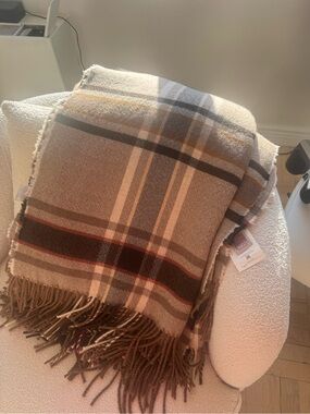 Etro Plaid Fringe Throw in Brown, Cream and Tan
